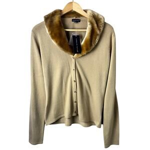 NWT Carolyn Taylor Sweater Faux Fur Collar Cardigan Timeless Womens Camel Brown